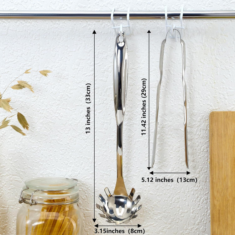 Pleafind Spaghetti Spoon and Spaghetti Tong 2-Piece Set, 13-Inch Non-Stick Spaghetti Fork and 11.4-Inch Kitchen Tong, Easy Storage and Cleanup, Ergonomic Design, stainless steel