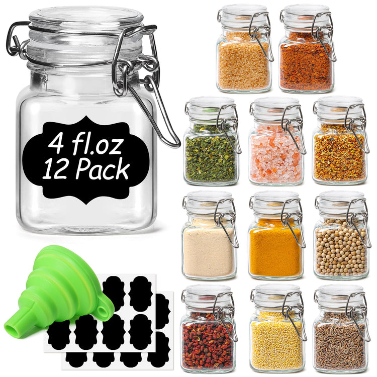Square Small Glass Spice Jars with Airtight Lids 4 oz 12 Pack Pantry (12 Count)