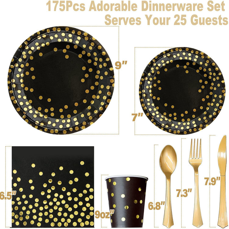 Black Gold Paper Plates Set (175 Count)