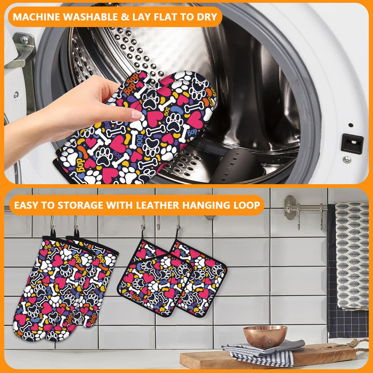 Paw Prints Oven Mitts and Bones Hearts Pot Holders Sets 4Pcs