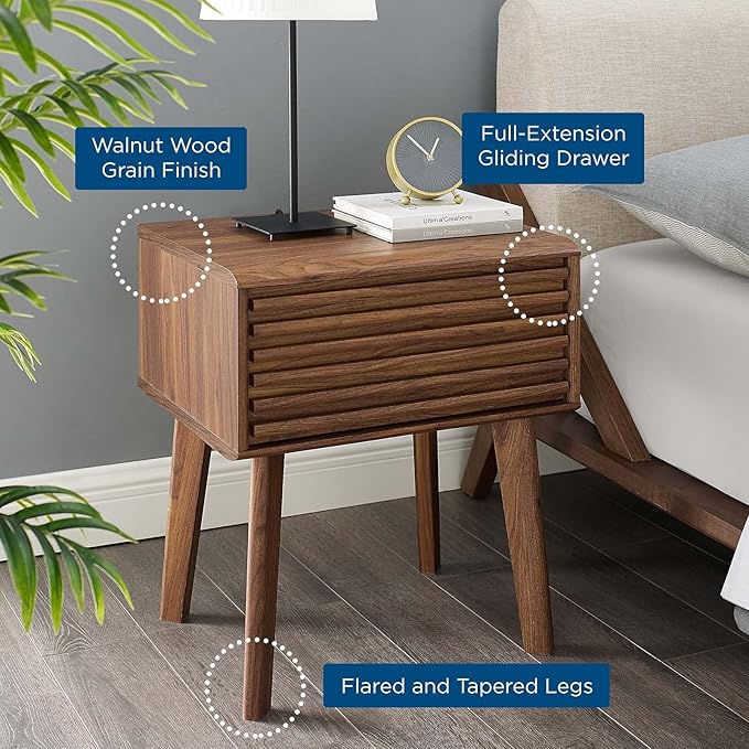 Modway Render Mid-Century Modern End Table or Nightstand in Walnut