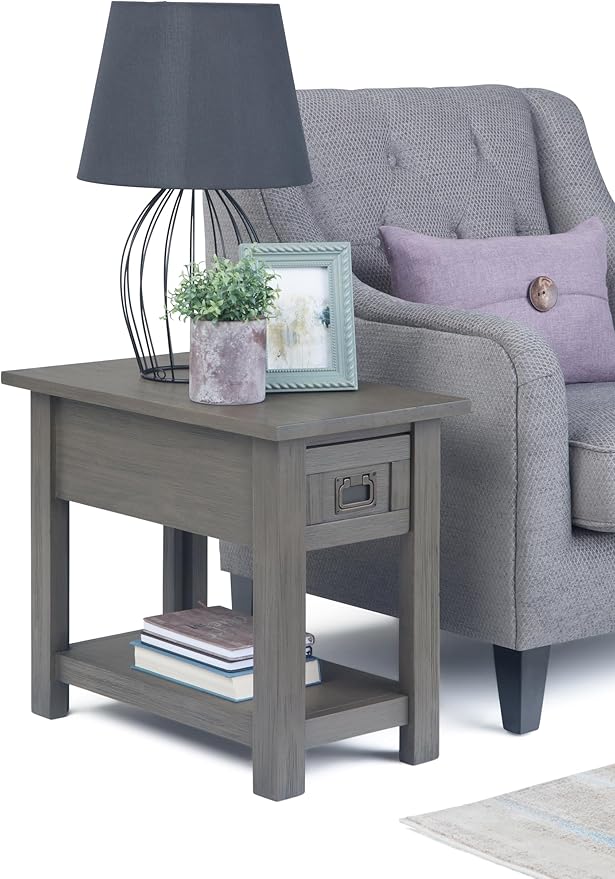 SIMPLIHOME Monroe Narrow Side Table – 14 inch Wide Solid Acacia Wood Narrow End Table in Farmhouse Grey, Rustic Contemporary Accent Table for Living Room with Drawer and Shelf