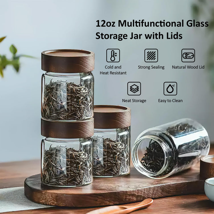 12 oz 350 ml Clear Glass Storage Canister with Airtight Wooden Lid (4 Count)