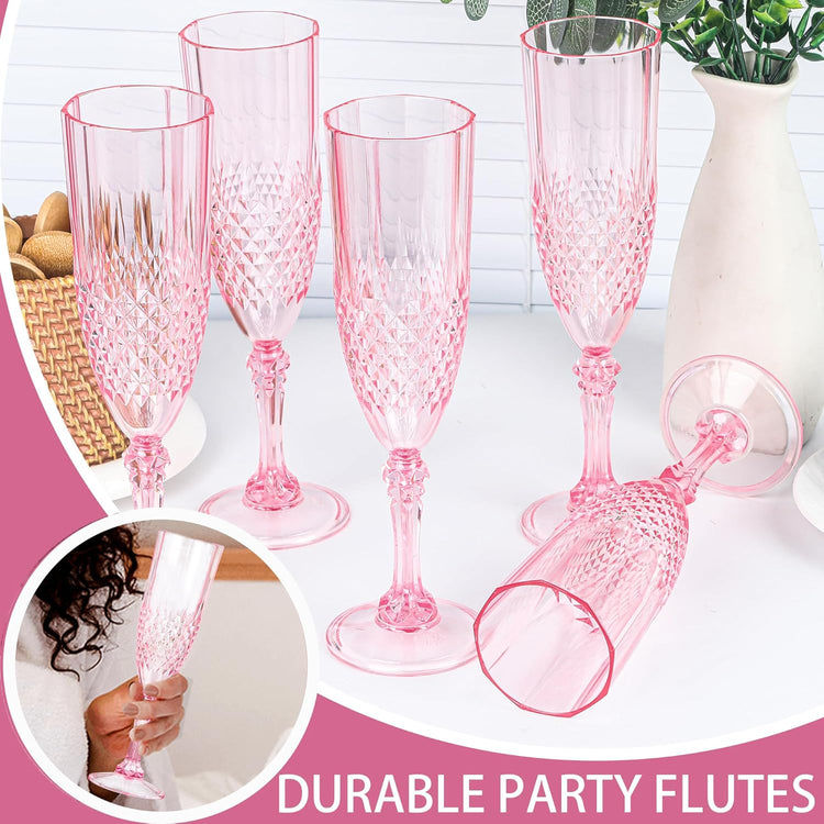 Plastic Champagne Flutes, 24PCS Pink Plastic Wine Glasses Goblets Reusable Champagne Flute for Weddings, Bachelor Parties, Toasting, and Events (24, Pink)