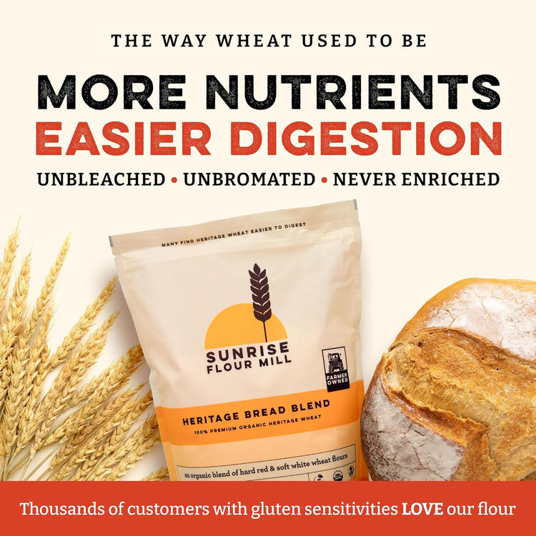 Sunrise Flour Mill Heritage Organic Bread Flour Blend - 2.0 lbs | Organic Unbleached Bread Flour Easy to Digest with Less Bloating | High Protein for Superior Baking | Smooth, Nutty Flavor - Nestoria