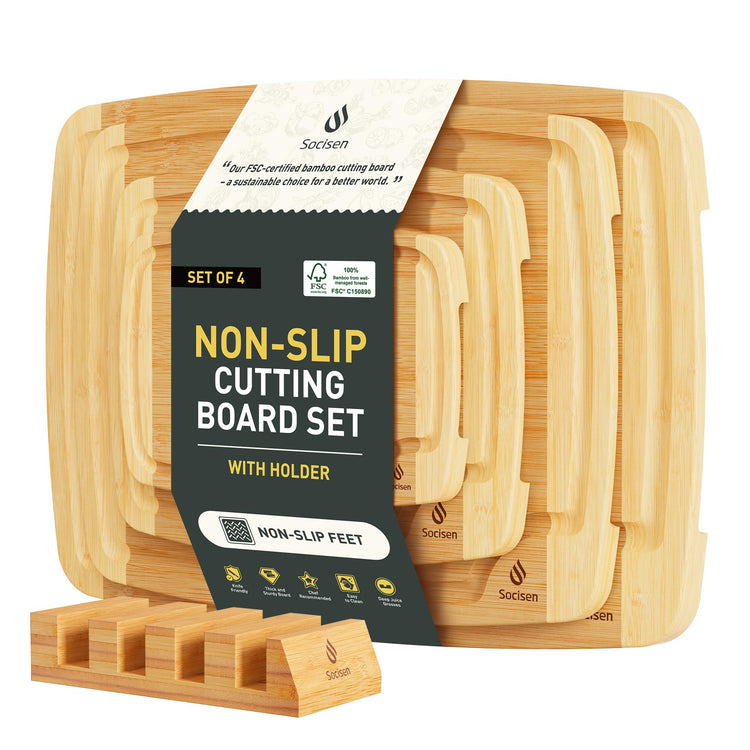 Bamboo Cutting Board Set Non Slip Feet with Holder Over Sink Men Birthday Christmas Valentines Father Day Gifts Ideal from Wife Romantic Anniversary Best Cool Gadget Awesome Who Have Everything (4 Count)