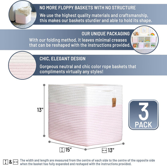 NaturalCozy 13x15x13 Kallax Storage Cubes, 3 Pack | Cotton Rope Cube Storage Bins Woven Baskets for Organizing | Kallax Insert Baskets for Shelves Organizer, Kids Toy, Pantry, Closet, Baby Nursery