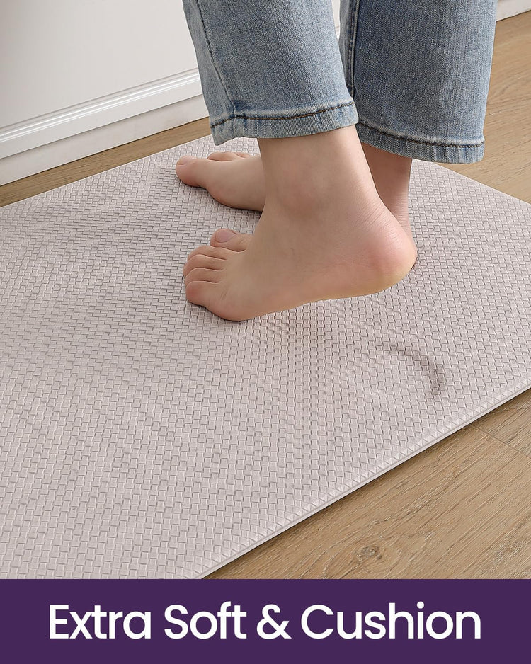 DEXI Kitchen Floor Mats Cushioned Anti Fatigue, 17x29+17x59, Large Long Standing Runner Rug Waterproof, Comfort Memory Foam Padded for Front Sink Laundry, Beige White