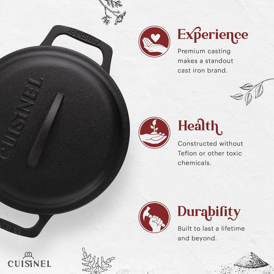 Cuisinel Cast Iron Dutch Oven - 3-Quart Deep Pot + Lid + Pan Scraper + Handle Covers - Large Pre-Seasoned Cooker for Baking Bread, Soup, Frying - Indoor/Outdoor Kitchen, Camping, Fire, BBQ Cookware - Nestoria