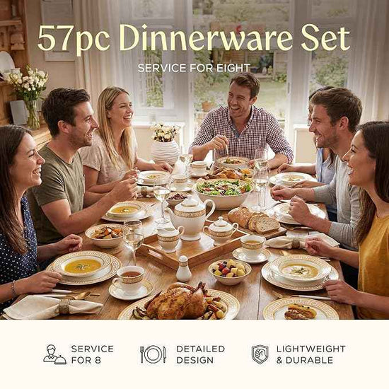 Joseph Sedgh Collection 57-Piece Bone China Dinnerware Set, Service for 8, White and Golden Greek Key
