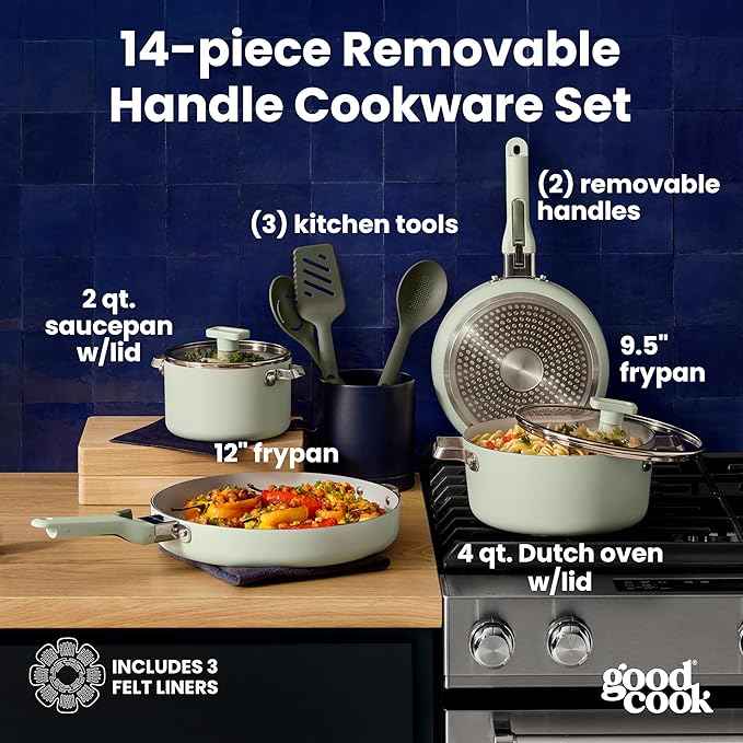 GoodCook Ceramic Cookware Set 14-Piece with Removable Handles, Nonstick Pots & Pans, Induction & Oven Safe, Sage Green
