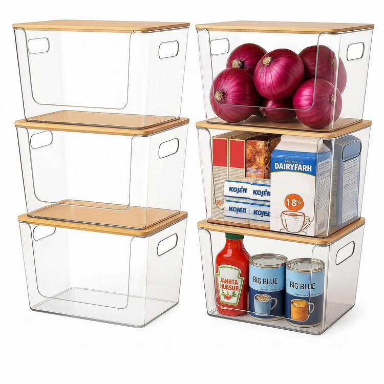 6 Pack Clear Stackable Storage Bins with Bamboo Lids (6 Count)