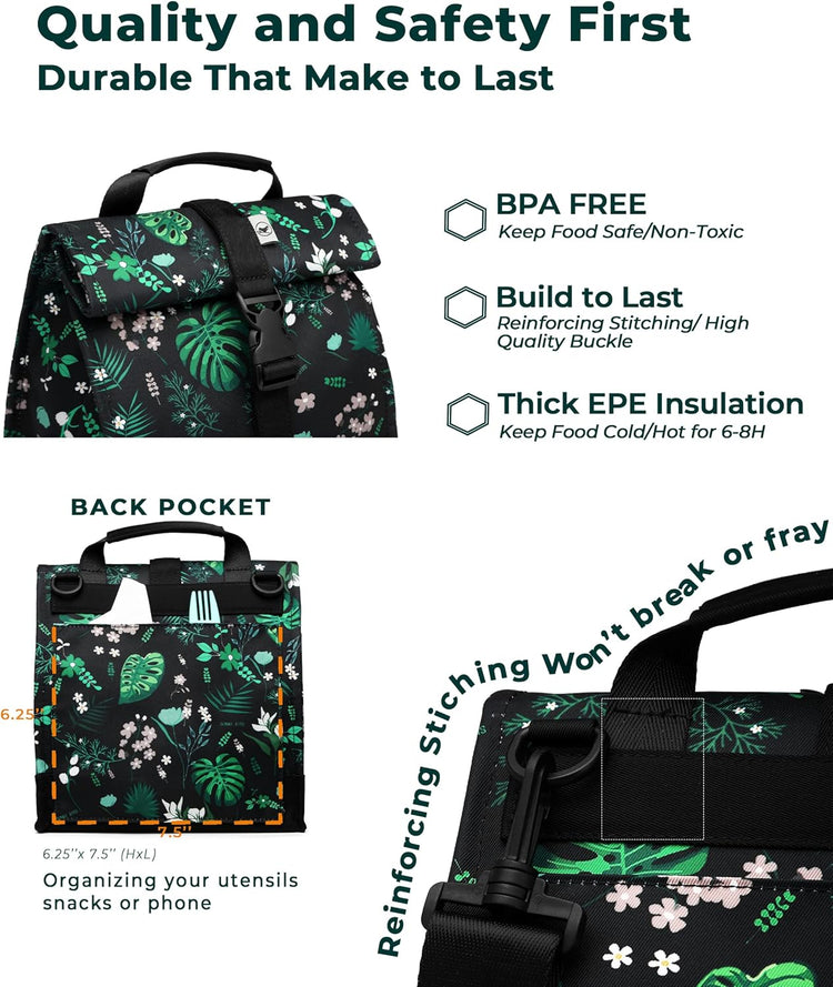 SUNNY BIRD Insulated Lunch Bag Rolltop Lunch Box Tote Bag for Women, Men, Adults and Teens (Floral & Foliage)
