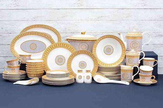 White and Gold Dinnerware Set - 58 Piece 'Mosaic' Dinner Set Luxury Bone China 24K Gold Inlays for Everyday use or Formal Occasions