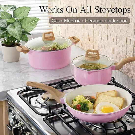 CAROTE Ceramic Cookware Set, 14 PCS Pots and Pans Set Non Stick, Pot and Pan Set with Frying pan, Induction Ready Cooking Set for Kitchen, PFOS/PFOA/PFAS Free, Pink