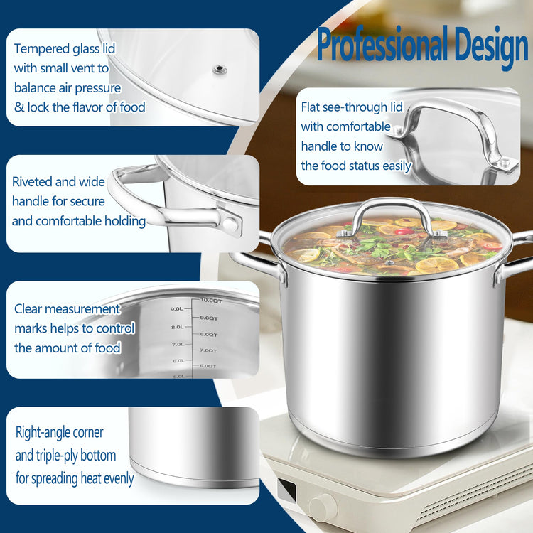 10 Quart Pot Stainless Steel Stock Cooking Pot with Glass Lid for Soup Canning Stewing Simmering