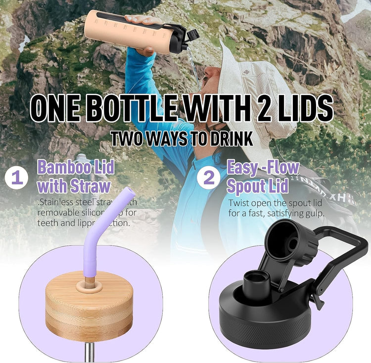Glass Water Bottle with Straw, 24oz Glass Drinking Bottle with 2 Lids-Bamboo and Spout Lid with Phone Holder Handle for Gym Sports,with Silicone Sleeve and Time Marker,Purple