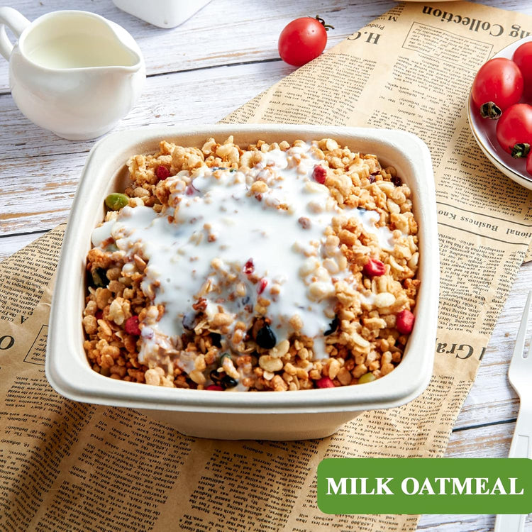 Vplus 100 Pack 42 OZ Paper Bowls Bulk, Square Disposable and Compostable, Eco-friendly Bagasse, Heavy-duty Bowls Perfect for Milk Cereals, Snacks, Salads