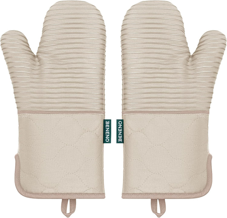 Beneno Kitchen Oven Mitts 2-Pack Heat Resistant to 500°F with Non-Slip Silicone Grip, Extra Long 14.3" Forearm Protection, Soft Quilted Cotton Terry Lining, Ideal for Cooking, Baking, Grilling, Beige