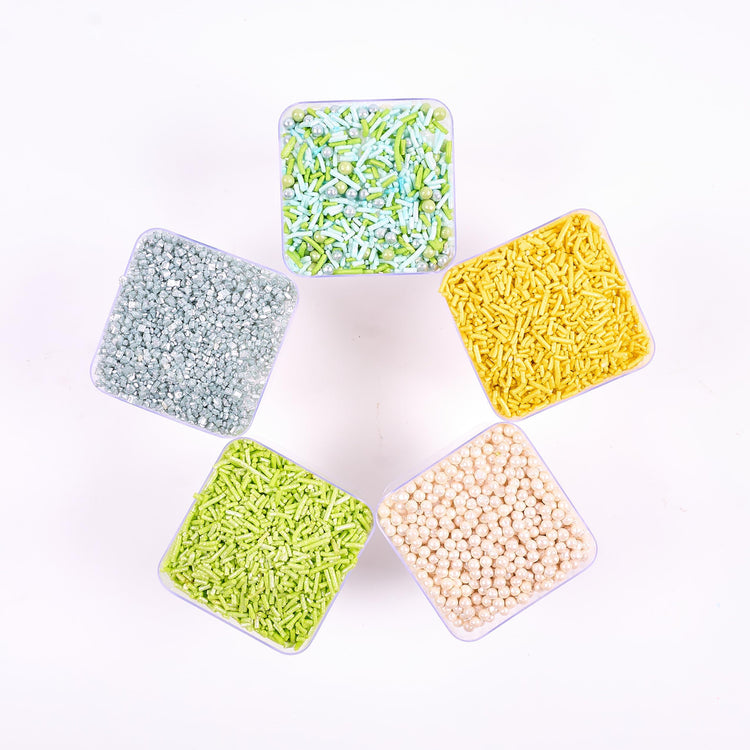 Edible Sprinkles for Cakes & Cupcakes Decoration Assorted pack of 5 Summer Fun Sprinkles Mix White Dragees Green Yellow Blue Jimmies Silver Sparkling Sugar (5 Ounce)