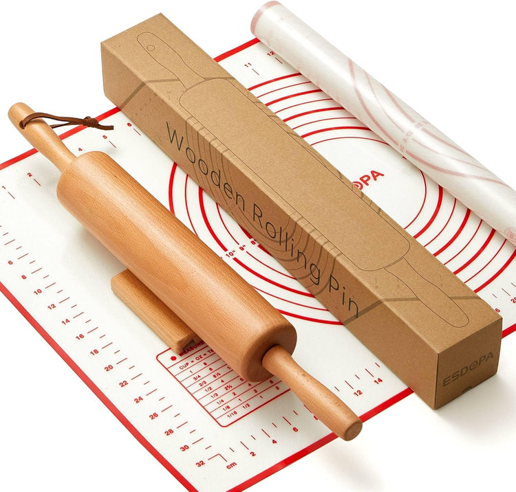 Classic Wood Rolling Pin - Wooden Rolling Pins for Baking Silicone Mat Set, Dough Roller with Wood Base, Fondant Roller for Pie Crust Cookies Pizza Dough and Bread, 17 Inch