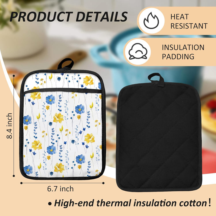 Blue and Yellow Floral Oven Mitts Set, Blue Flower Floral Heat Resistant Kitchen Oven Gloves for Baking and Cooking,Pot Holders