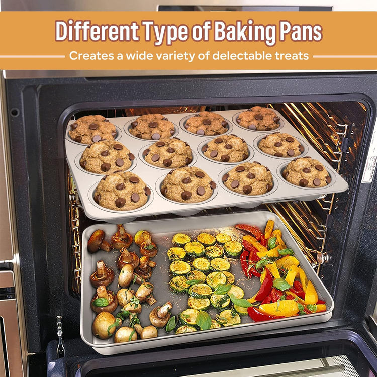 E-far 10-Piece Baking Pans set, Stainless Steel Bakeware Set for Oven, Include Cake Pan/Baking Cookie Sheet/Pizza/Muffin/Loaf Pan, Non-Toxic & Heavy Duty, Dishwasher Safe