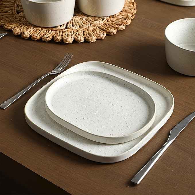 Stone Lain Cairo 24-Piece Dinnerware Set Stoneware, Plates and Bowls Set, Microwave and Dishwasher Safe, Includes Dinner and Salad Plates, Cereal Bowls, Dish for 8, White Speckled