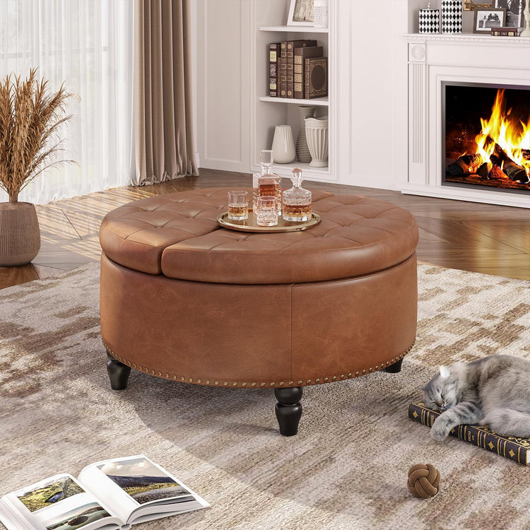 30 Inch Large Round Ottoman with Storage Circular