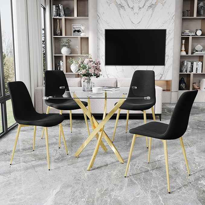 AF ARTISAN FURNITURE 36" Square Glass Dining Table Set for 4, 5-Piece Modern Kitchen Table with 4 Black Velvet Chairs, Modern Circle Leisure Table for Home Office Dining Room Small Spaces (Gold Leg)