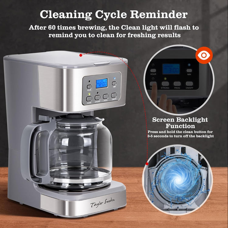 Taylor Swoden 12-Cup Programmable Coffee Maker, Regular & Strong Brew Drip Coffee Machine for Home and Office, Glass Carafe, Pause & Serve, Auto Shut Off, Gray & Stainless Steel