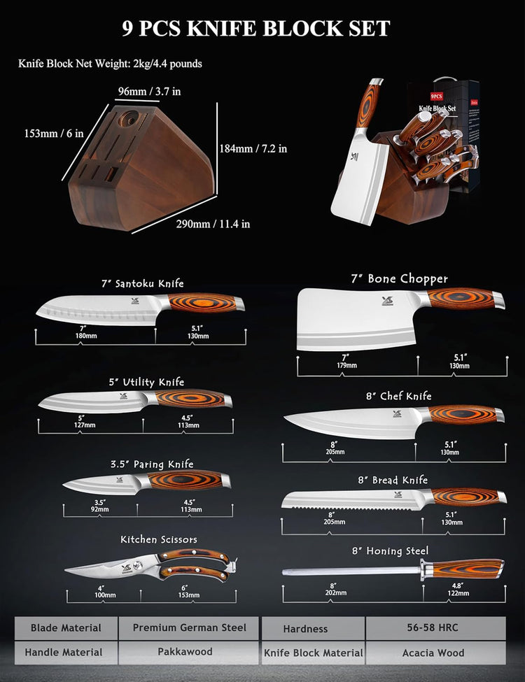 MSY BIGSUNNY 9pcs Knife Block Set, German Steel Kitchen Knife Set with Bone Chopper, Precious Pakkawood Handle for Chef Knife Block Set