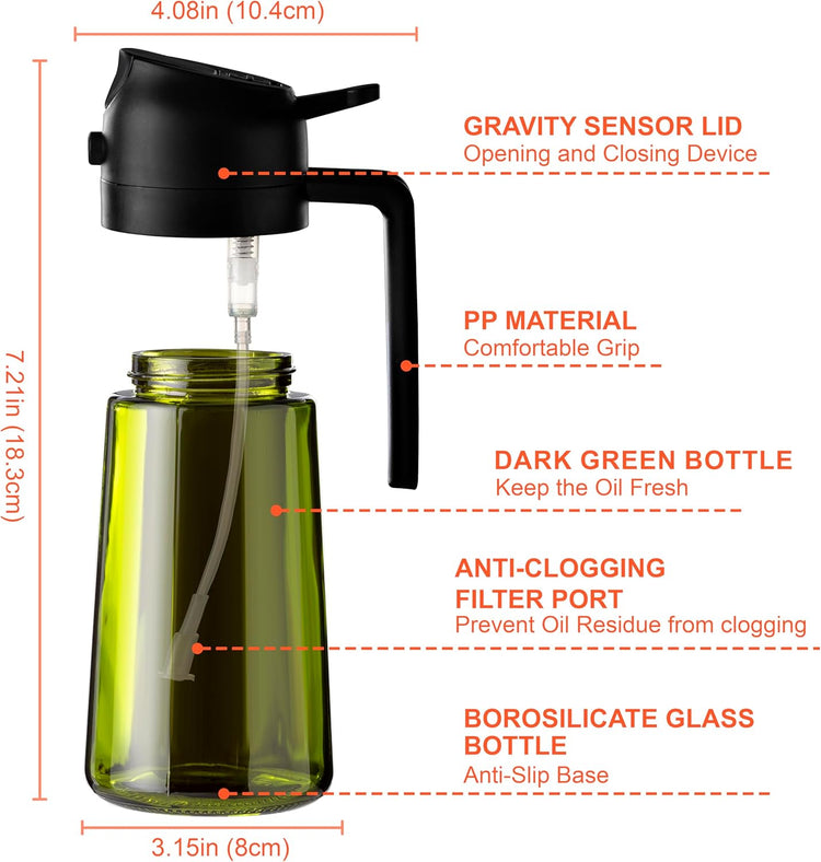 CXINYI - 16oz/470ml Olive Oil Dispenser for Kitchen with Stickers - 2 in 1 Olive Oil Sprayer for Cooking, Air Fryer, and Salad, Black (Light-Proof Kitchen Gadget)