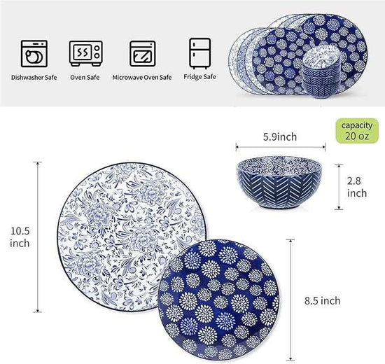 Selamica Embossed Dinnerware Sets 12 Piece, Ceramic Dishes set for 4, Kitchen Plates and Bowls Sets, Microwave & Dishwasher Safe, Housewarming, Dark Blue
