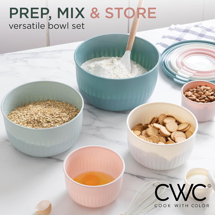 COOK WITH COLOR Prep Bowls with Lids- Wide and Deep Nesting Plastic Small Mixing Bowl Set with Lids, 12 Piece Set - Deep Bowls, Teal and Pink