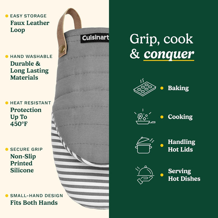 Cuisinart Mini Oven Mitts – 5.5” x 8” Heat-Resistant Kitchen Mitts for Oven with Non-Slip Printed Silicone, Cotton Filling, and Faux Leather Loop – Durable Oven Mitt Set for Cooking & Baking (Horizon)