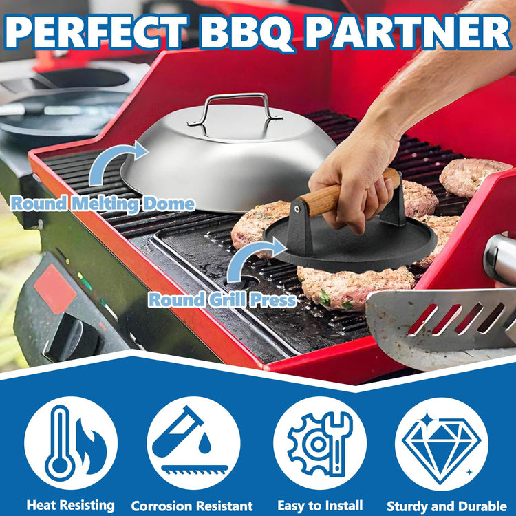 Round Griddle Basting Cover Dome&Cast Iron Burger Press for Flat Top Grills
