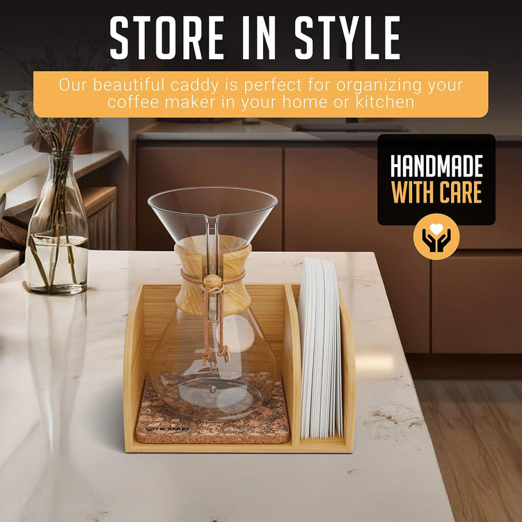 HEXNUB – Caddy for Pour Over Coffee Maker, Bamboo Stand fits Chemex, Bodum, Cosori Coffee Carafes, Heatproof Mat, Filter Holder for Drip Coffee Maker - Cork Mat