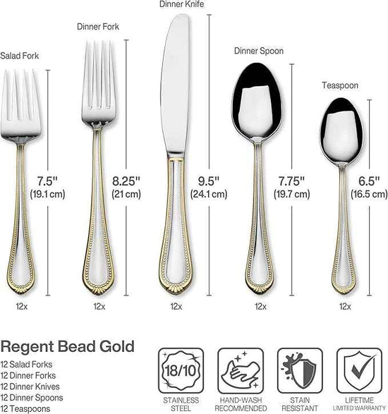 Mikasa, Gold Accent Regent Bead Flatware Service for 12, 65 Piece Set, 18/10 Stainless Steel, Silverware Set with Serving Utensils
