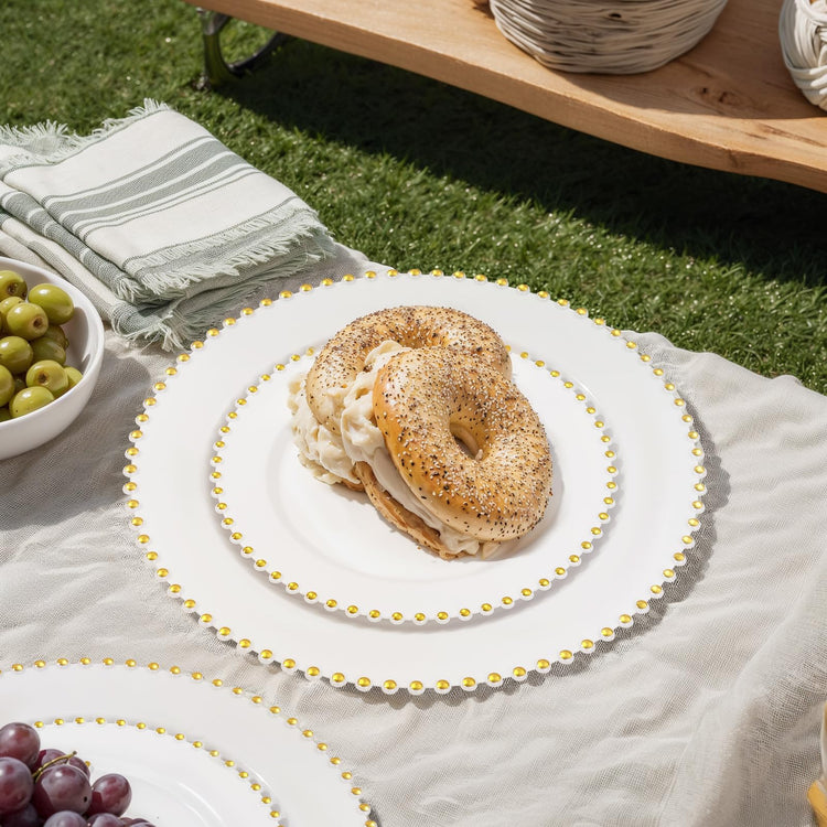 100pcs White Plastic Plates with Gold Beads for Bridal Showers (100 Count)