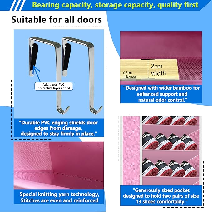 Over The Door Shoe Organizer, 70 Pounds Large Capacity, 20-30-Pair shoe organizer, Heavy Duty-Extra Deep Pockets ,Anti-Scratch Hooks & FSC-Certified Bamboo ,Engineered for Men’s Size 13 shoe,Pink