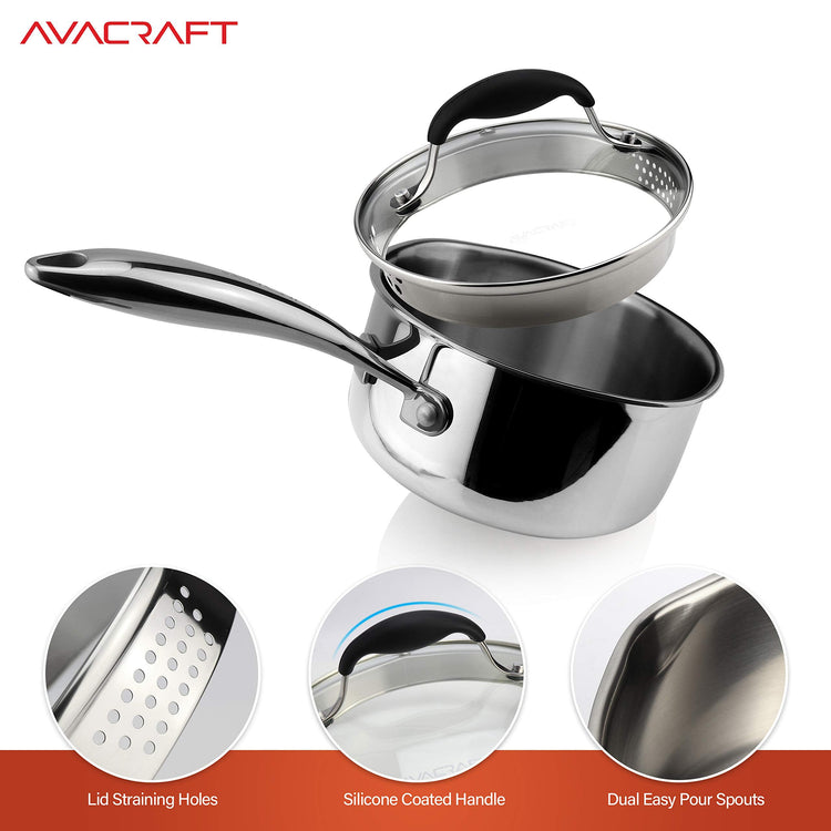 Tri Ply Stainless Steel Saucepan with Glass Strainer Lid