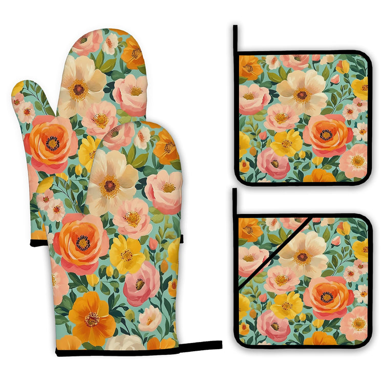 Vintage Pink Poppy Oven Mitts and Pot Holders (4 Count)