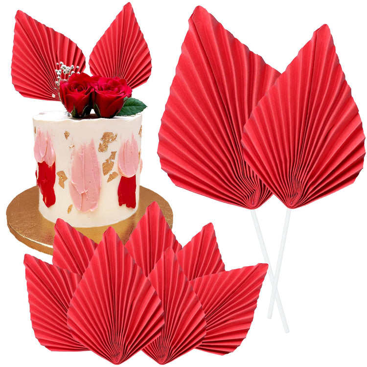 6Pcs Paper Palm Fan Cake Toppers Palm Spear Leaves Fan Cupcake Toppers Cake Insert Decorations Craft DIY Cake Bakeware Decoration for Birthday Party Wedding Party Decor Supplies Red (6 Count)