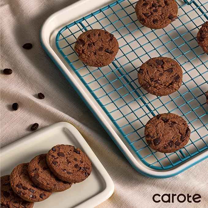 CAROTE 6-Piece Nonstick Ceramic Baking Pans Set - Bakeware Sets Including Cookie Sheets for Baking, Muffin Pan, Bread Pan, Cake pan, Loaf Pan, Cooling Rack, Light Blue & Cream White