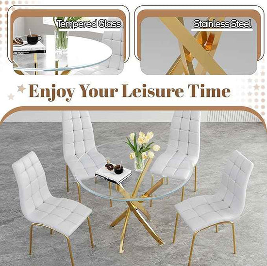 5 Piece Round Glass Dining Table Set, Round Tempered Glass Kitchen Tables Set for 4, Modern Table Set with 4 High-Back Upholstered Chairs for Kitchen Dining Room (Gold Legs, 4 White Chairs)