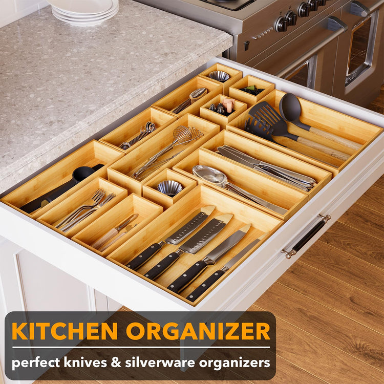 21 Piece Bamboo Drawer Organizer Storage Boxes Set