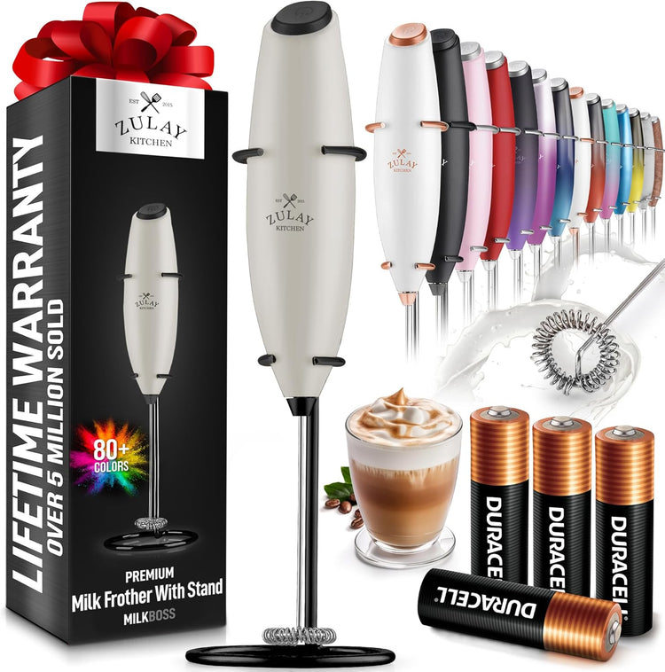 Zulay Powerful Milk Frother (4 Duracell Batteries Included) - Handheld Milk Frother Wand Drink Mixer for Coffee - Powerful Milk Foamer for Cappuccino, Frappe, Matcha - Exec Grey/Black/Black Stand
