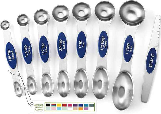 Spring Chef Stainless Steel Magnetic Measuring Spoons Set of 8 with Leveler, Heavy Duty Teaspoon & Tablespoon Measuring Spoons With Strong N45 Magnets, Kitchen Gadgets for Baking & Cooking - Sapphire