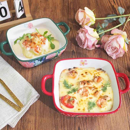 Two-piece square ceramic baking pan set: Hand-painted floral ceramic baking pans with double handles, suitable for baking, cooking, kitchens, restaurants, etc.(Combination 2)